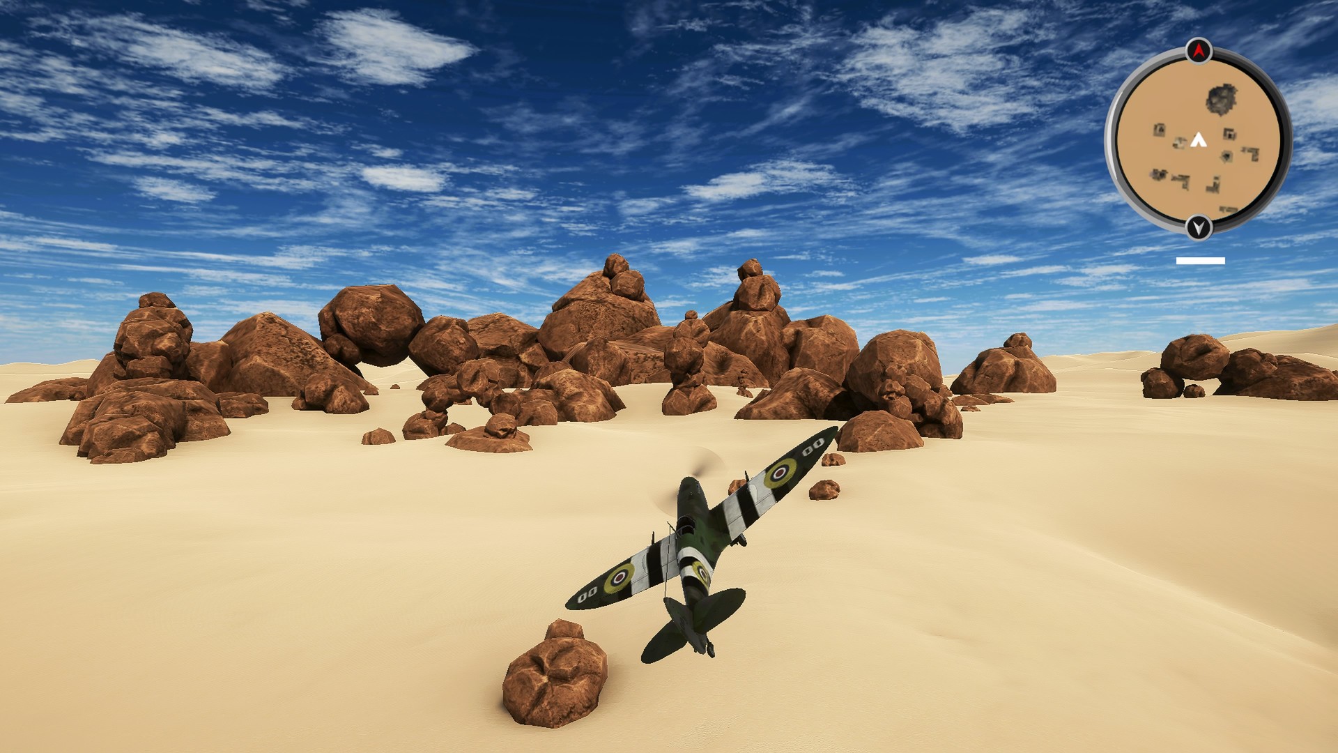 A green plane flying in the desert in RA Airplane Challenge